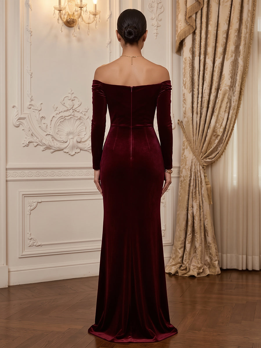 Velvet Sheath Off the Shoulder Floor Length Formal Dresses Long Sleeves Ruched Evening Dresses