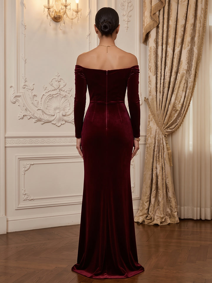 Velvet Sheath Off the Shoulder Floor Length Formal Dresses Long Sleeves Ruched Evening Dresses