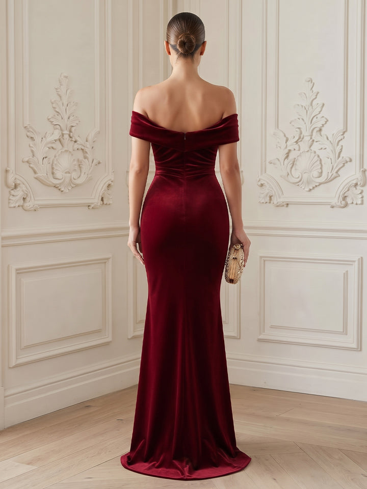 Velvet Mermaid Off the Shoulder Floor Length Formal Dresses Sleeveless Ruched Corset Evening Dresses