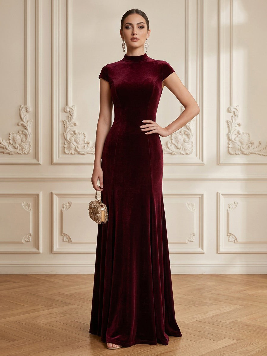 Velvet A Line High Neck Floor Length Formal Dresses Cap Sleeves Fitted Waist Evening Dresses