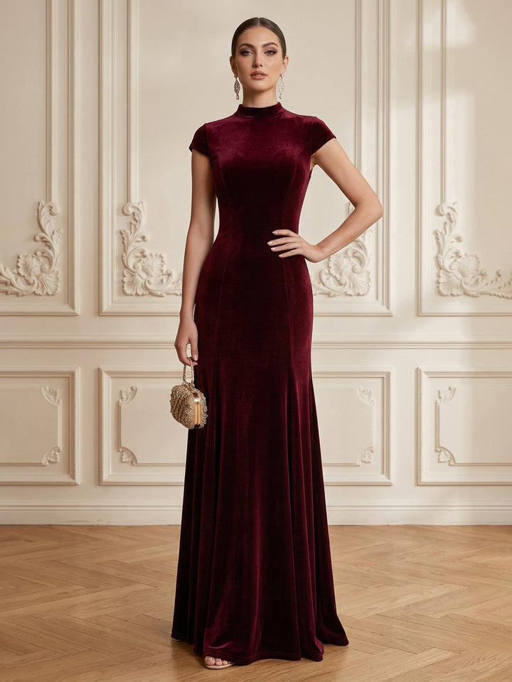 Velvet A Line High Neck Floor Length Formal Dresses Cap Sleeves Fitted Waist Evening Dresses