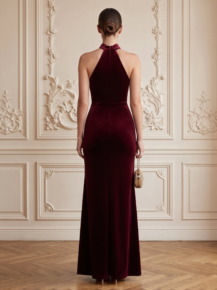 Velvet Sheath Halter Floor Length Formal Dresses Sleeveless Cut Out Evening Dresses with Slit