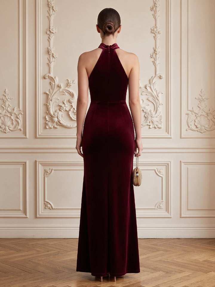 Velvet Sheath Halter Floor Length Formal Dresses Sleeveless Cut Out Evening Dresses with Slit