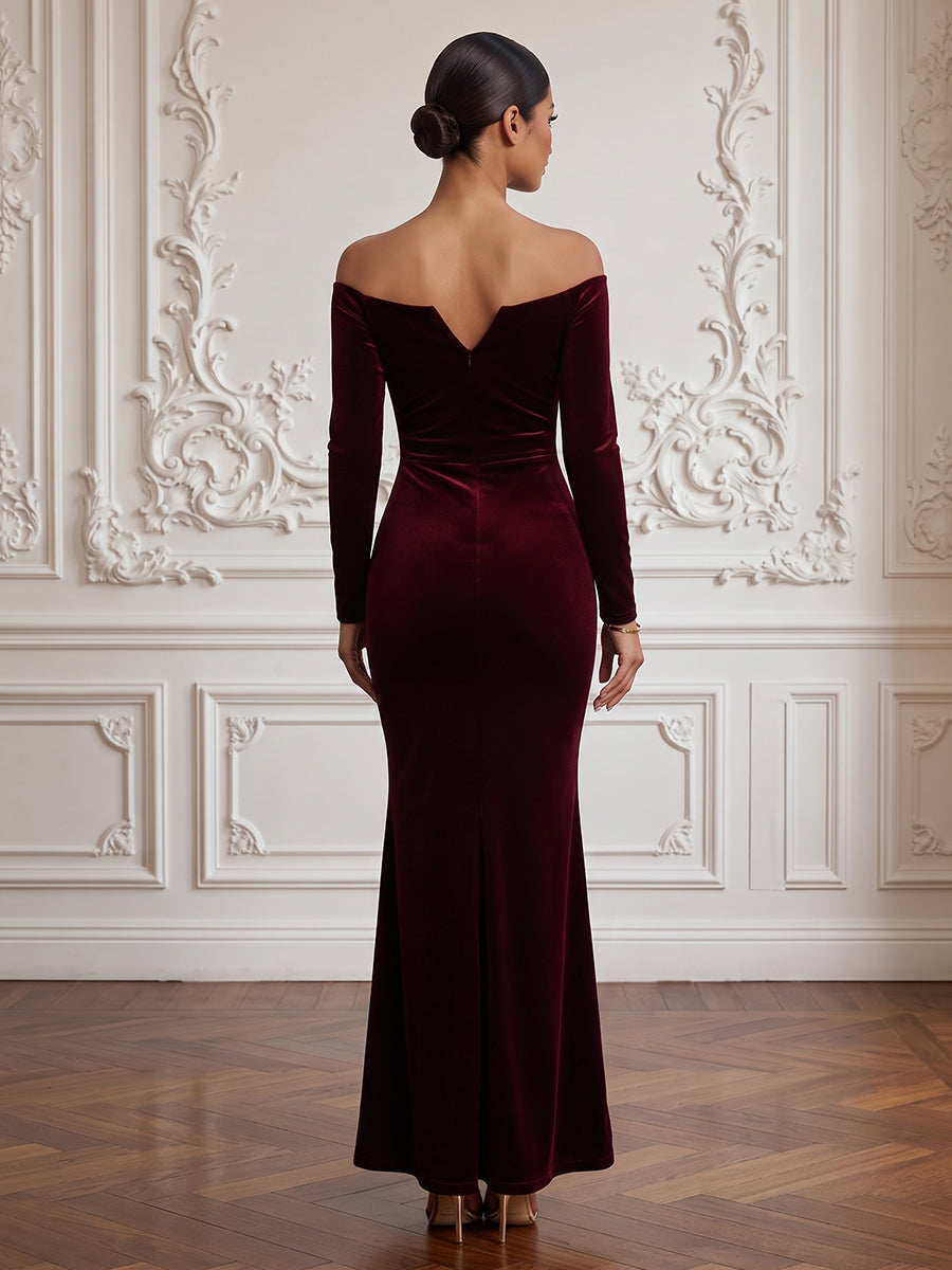 Velvet Mermaid Off the Shoulder Floor Length Formal Dresses Long Sleeves Modest V neck Evening Dresses