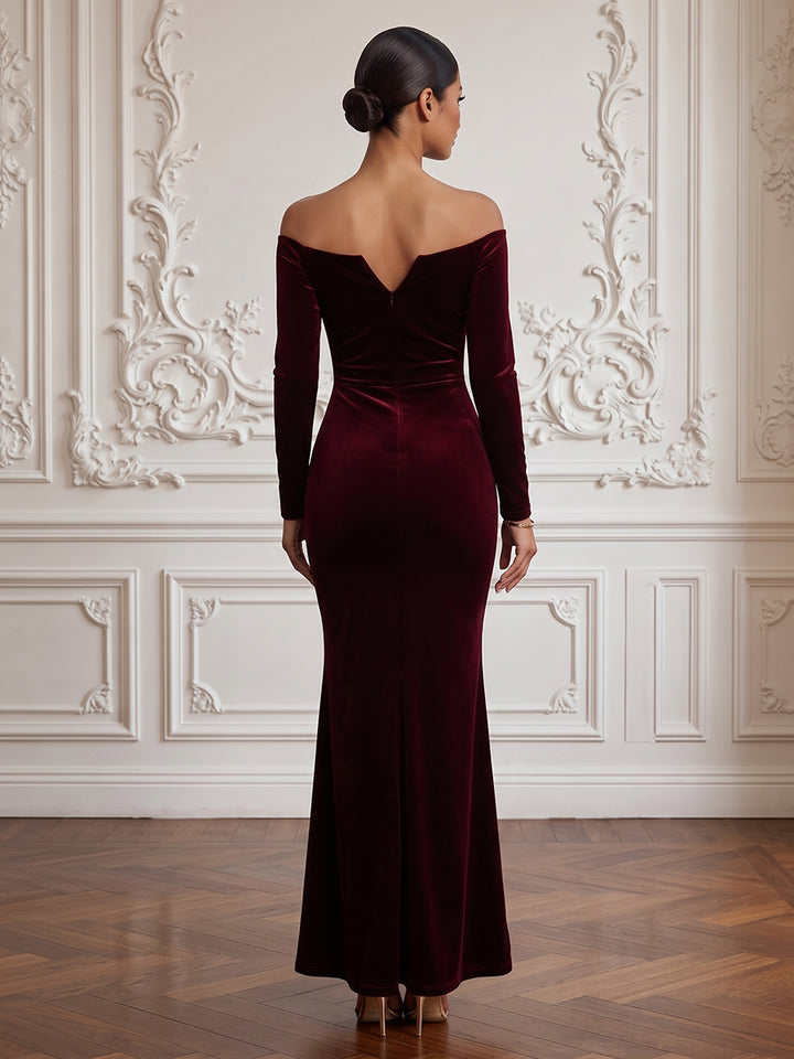 Velvet Mermaid Off the Shoulder Floor Length Formal Dresses Long Sleeves Modest V neck Evening Dresses