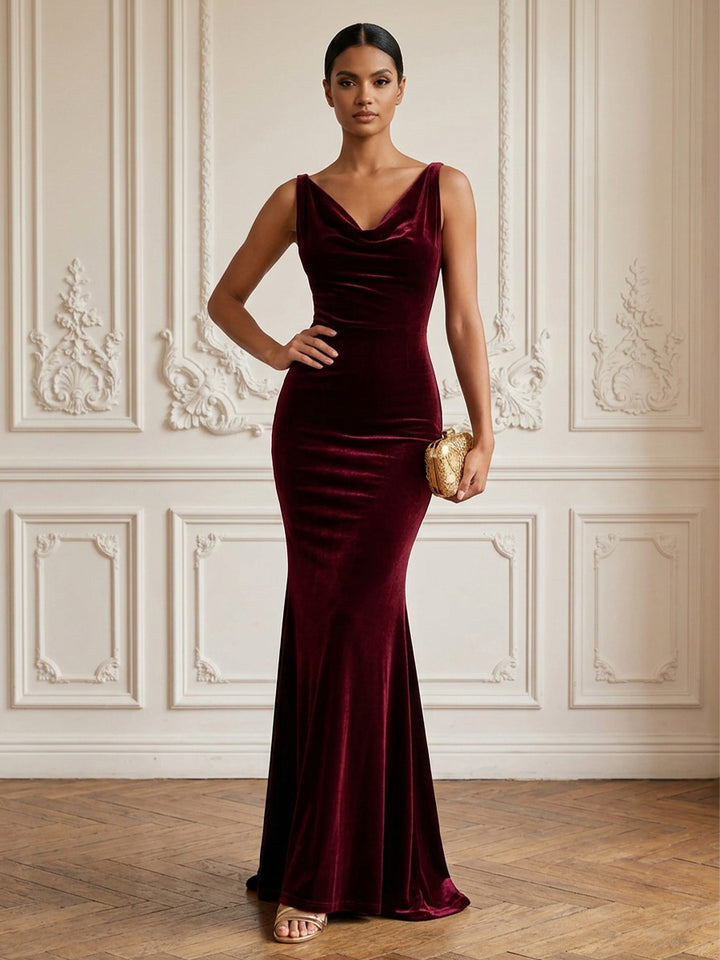 Velvet Mermaid Cowl Neck Floor Length Formal Dresses Sleeveless Fitted Waist Evening Dresses