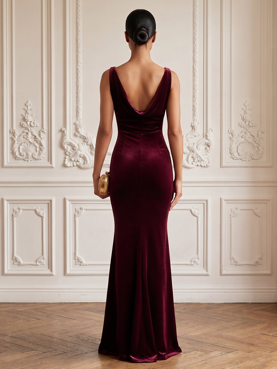 Velvet Mermaid Cowl Neck Floor Length Formal Dresses Sleeveless Fitted Waist Evening Dresses