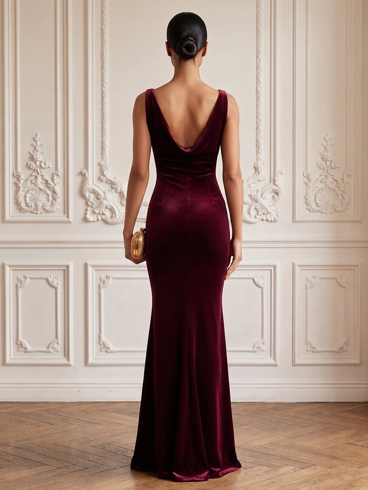 Velvet Mermaid Cowl Neck Floor Length Formal Dresses Sleeveless Fitted Waist Evening Dresses
