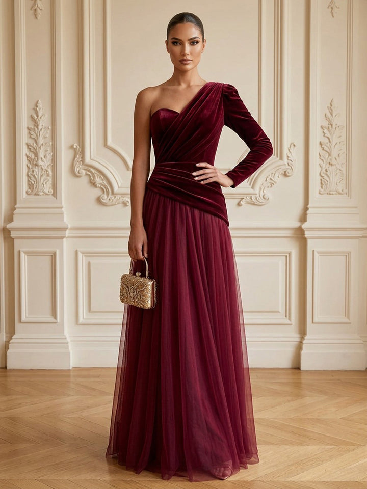 Velvet Tulle A Line One Shoulder Floor Length Formal Dresses Long Sleeves Ruched Evening Dresses