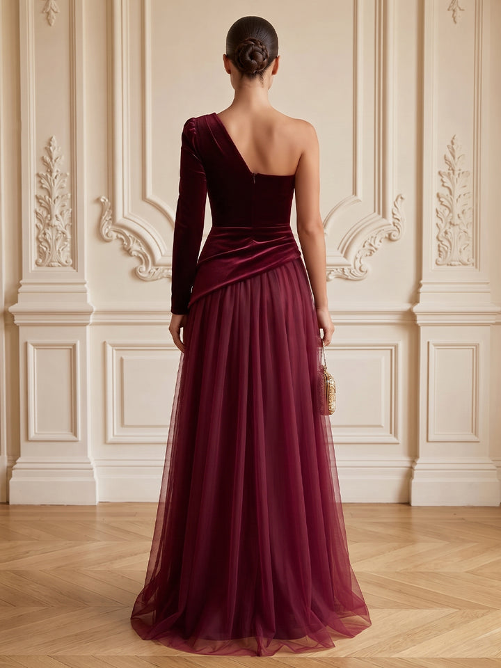 Velvet Tulle A Line One Shoulder Floor Length Formal Dresses Long Sleeves Ruched Evening Dresses