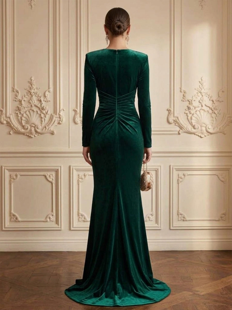 Velvet Mermaid V Neck Floor Length Formal Dresses Long Sleeves Wrap Bodice Evening Dresses with Sweep Train