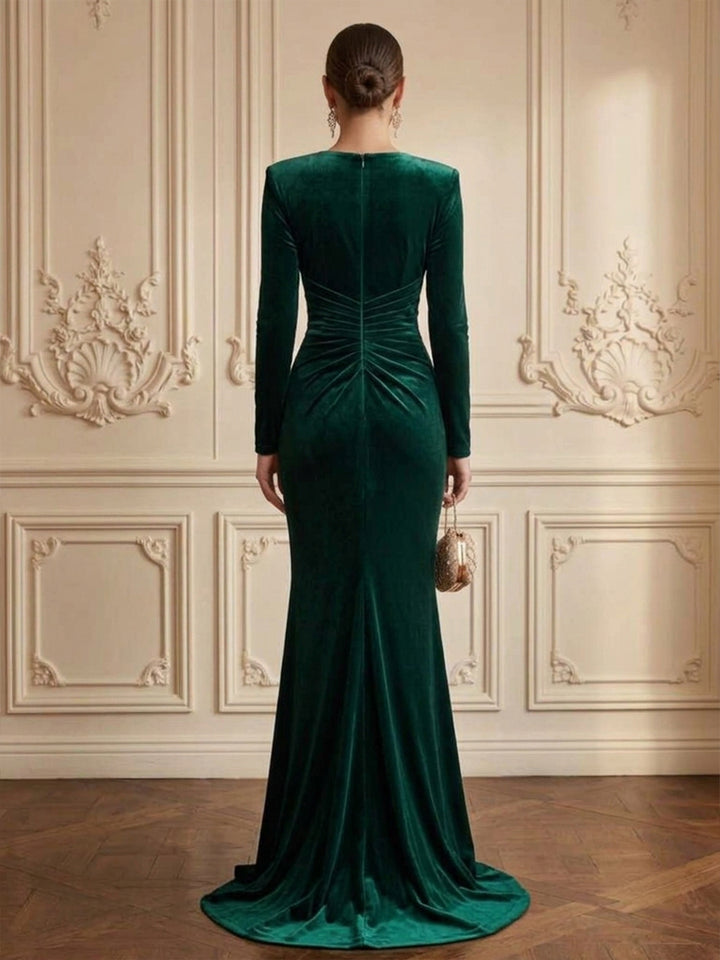 Velvet Mermaid V Neck Floor Length Formal Dresses Long Sleeves Wrap Bodice Evening Dresses with Sweep Train