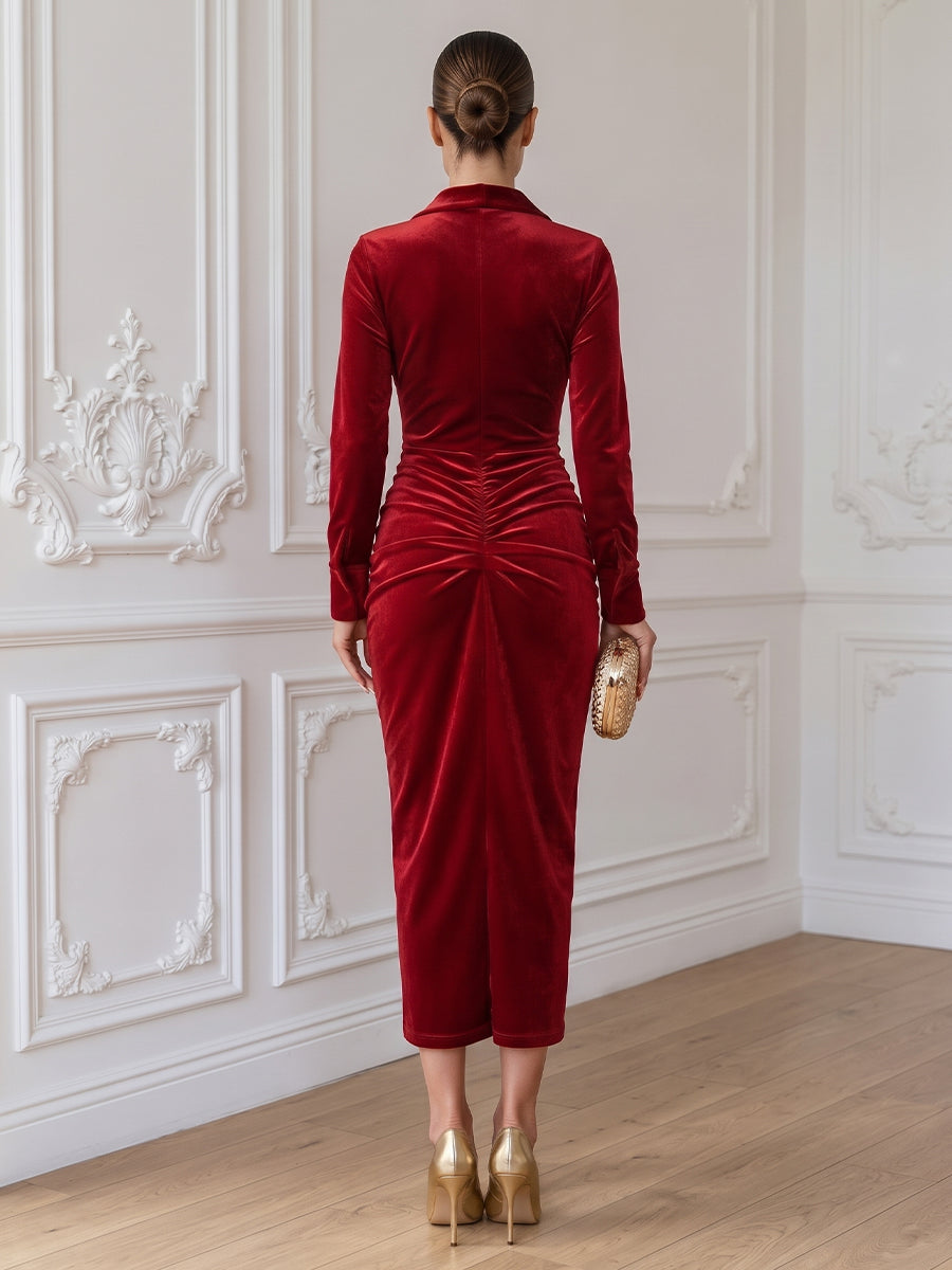 Velvet Sheath Blazer Collar Tea Length Formal Dresses Long Sleeves High Low Ruched Evening Dresses