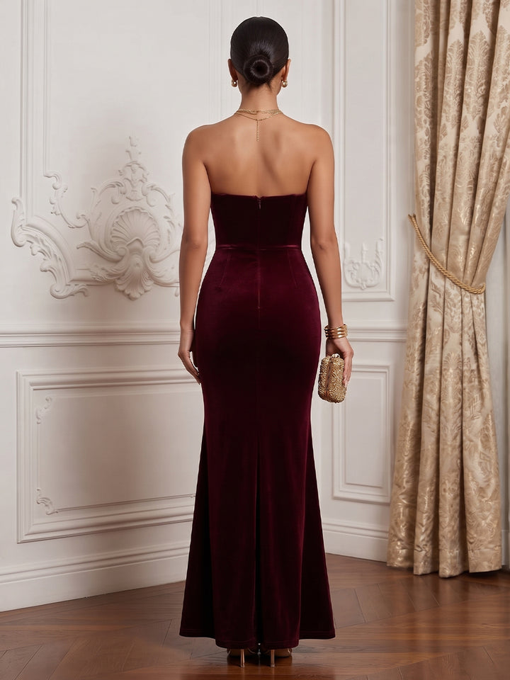 Velvet Mermaid Strapless Floor Length Formal Dresses Sleeveless Sweetheart Neck Evening Dresses