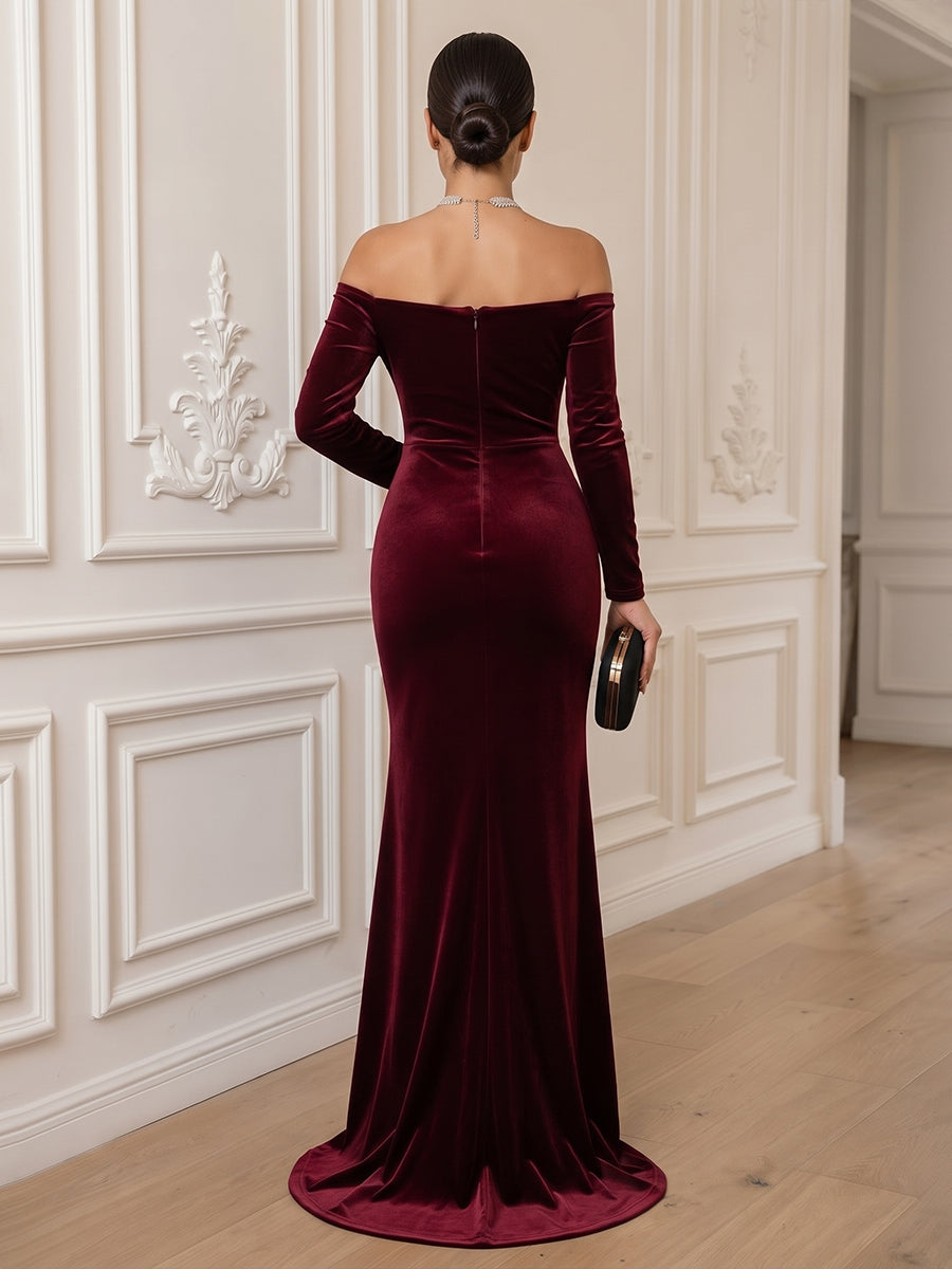 Velvet Sheath Off the Shoulder Floor Length Formal Dresses Long Sleeves Ruched Evening Dresses with Slit