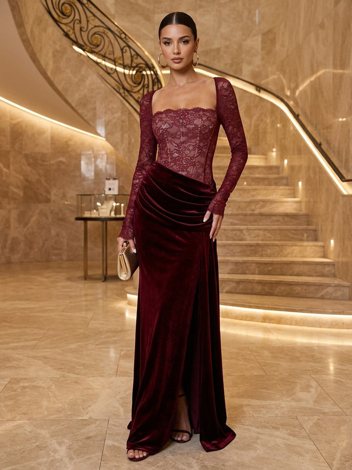 Velvet Laces Sheath Square Neck Floor Length Formal Dresses Long Sleeves Corset Ruched Evening Dresses
