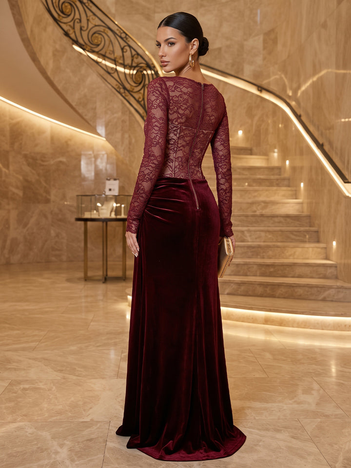 Velvet Laces Sheath Square Neck Floor Length Formal Dresses Long Sleeves Corset Ruched Evening Dresses