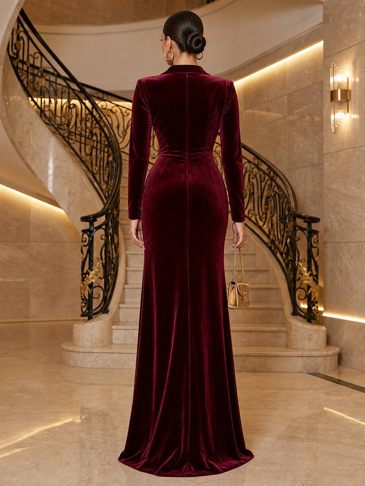 Velvet Sheath Blazer Collar Floor Length Formal Dresses Long Sleeves Wrap Bodice Ruched Evening Dresses with Slit