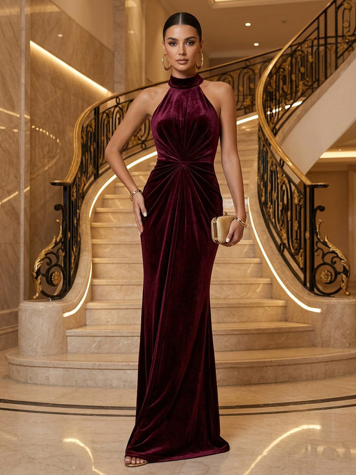 Velvet Sheath Halter Floor Length Formal Dresses Sleeveless Ruched Evening Dresses