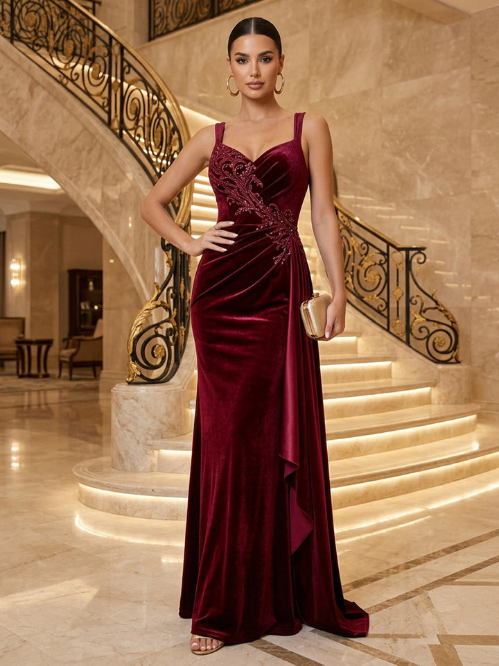 Velvet Sheath Sweetheart Floor Length Formal Dresses Sleeveless Beaded embroidery Evening Dresses