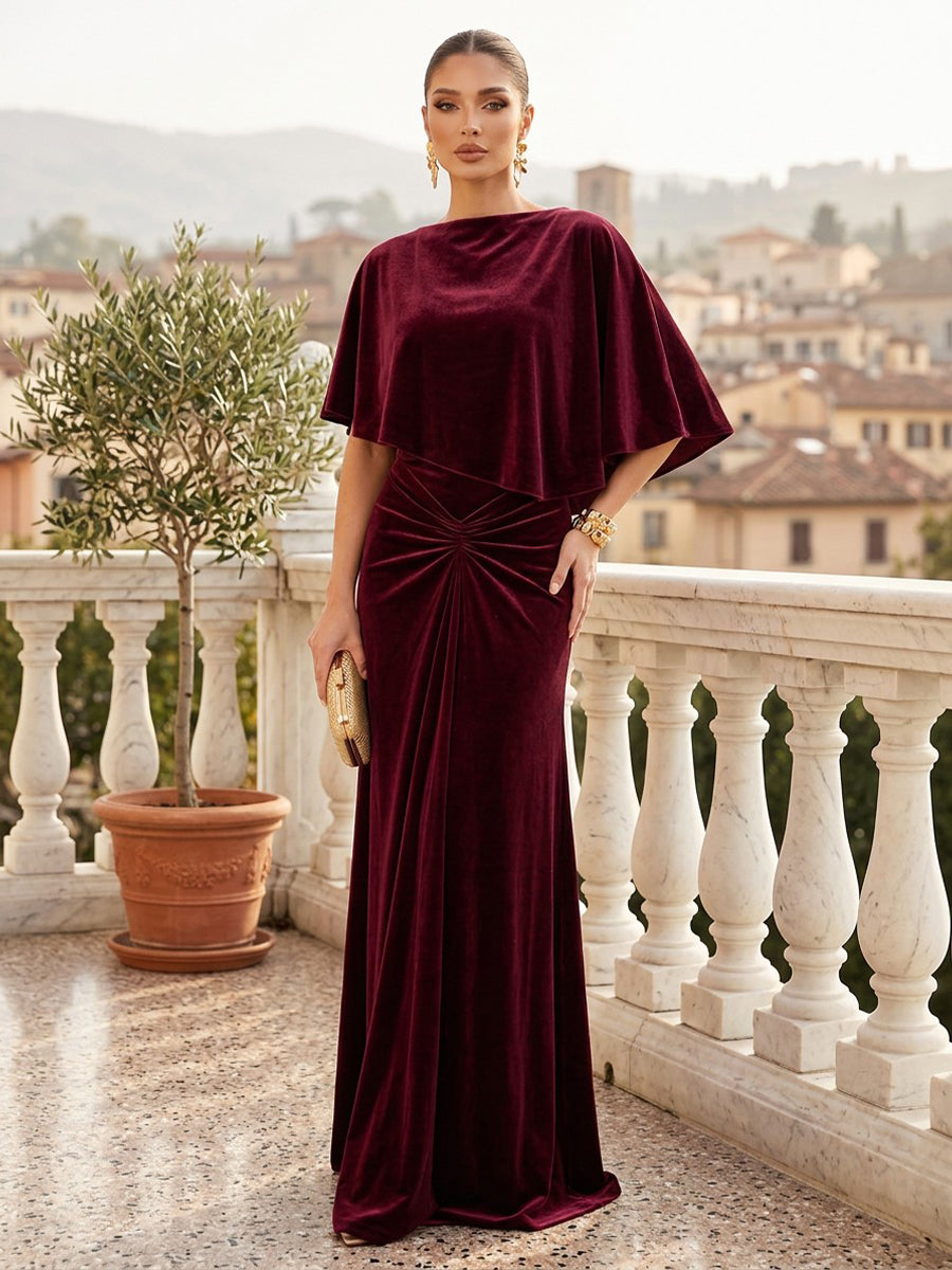 Velvet Sheath Jewel Neck Floor Length Formal Dresses Half Sleeves Ruched Evening Dresses with Cape