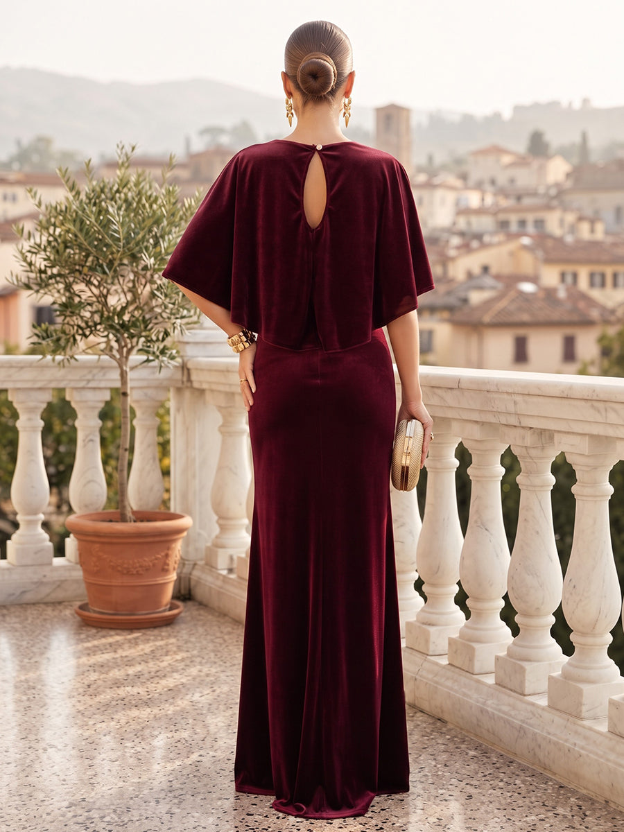 Velvet Sheath Jewel Neck Floor Length Formal Dresses Half Sleeves Ruched Evening Dresses with Cape