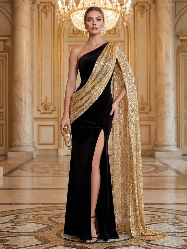 Velvet Sequin Mermaid One Shoulder Floor Length Formal Dresses Sleeveless Glitter Evening Dresses with Slit