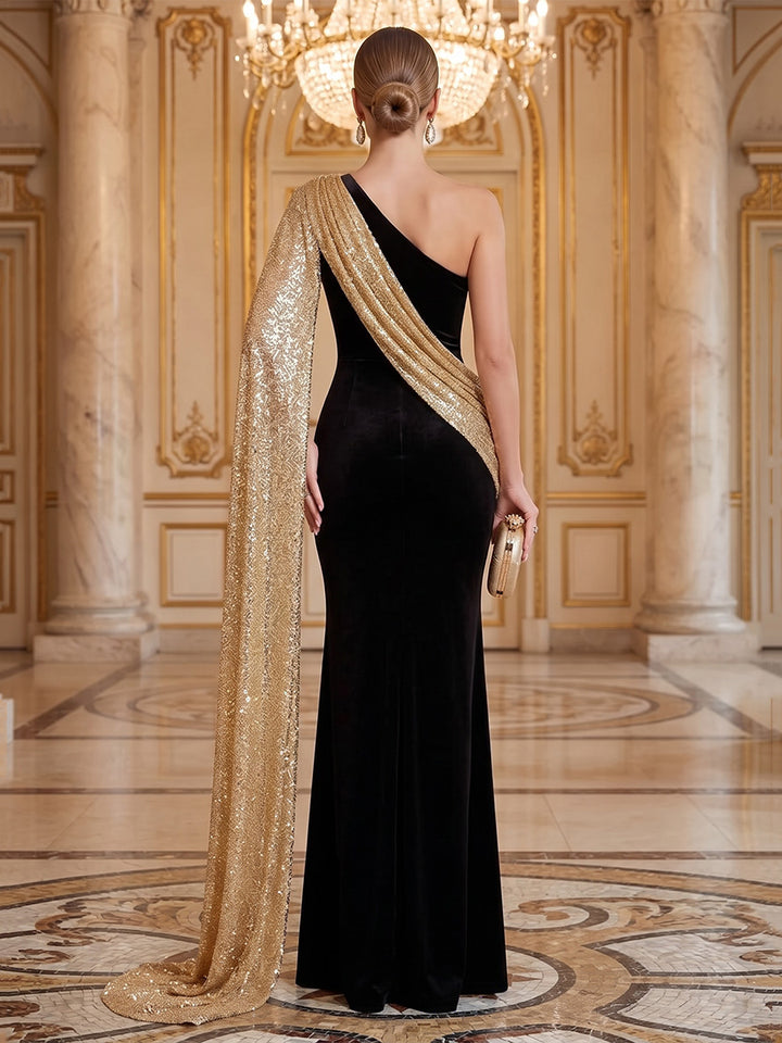 Velvet Sequin Mermaid One Shoulder Floor Length Formal Dresses Sleeveless Glitter Evening Dresses with Slit