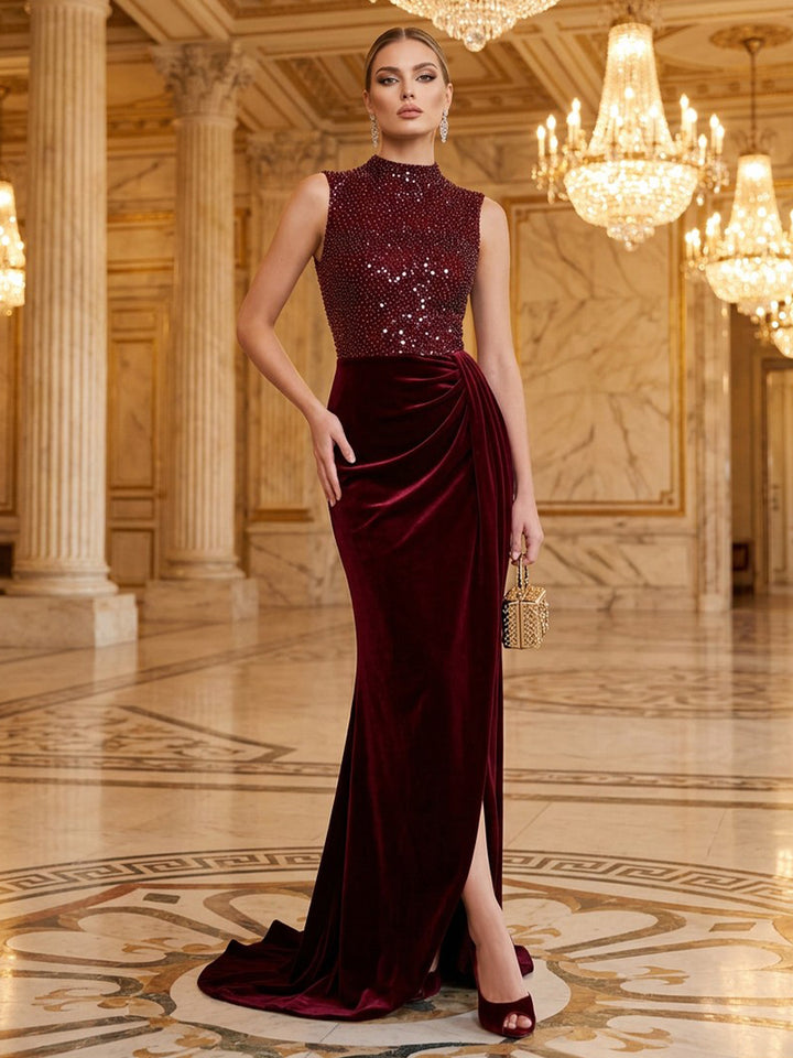 Velvet Sequin Mermaid High Neck Floor Length Formal Dresses Sleeveless Glitter Ruched Evening Dresses