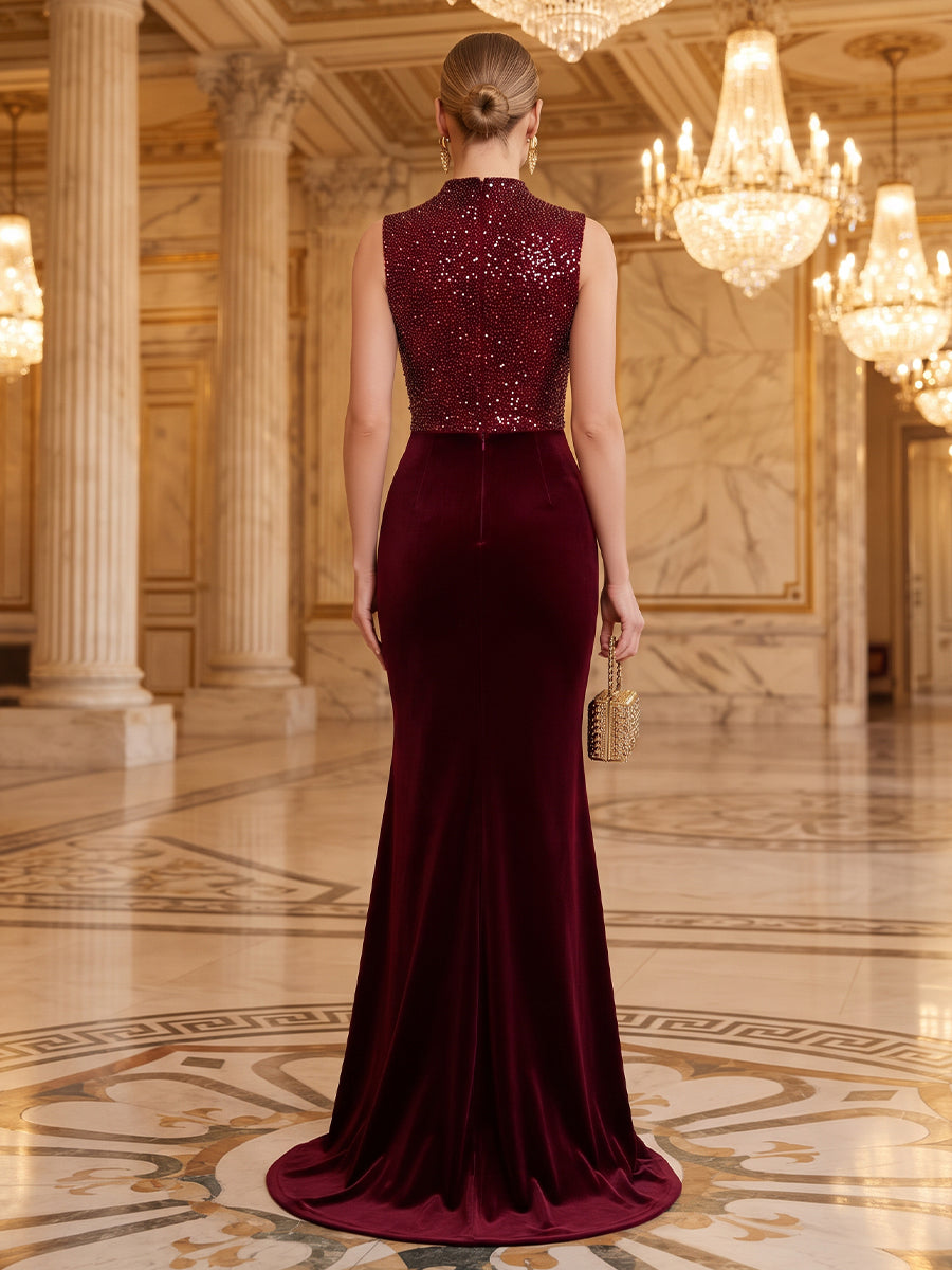Velvet Sequin Mermaid High Neck Floor Length Formal Dresses Sleeveless Glitter Ruched Evening Dresses