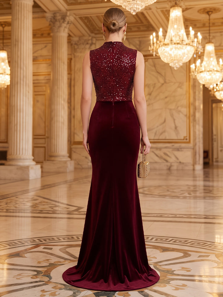 Velvet Sequin Mermaid High Neck Floor Length Formal Dresses Sleeveless Glitter Ruched Evening Dresses
