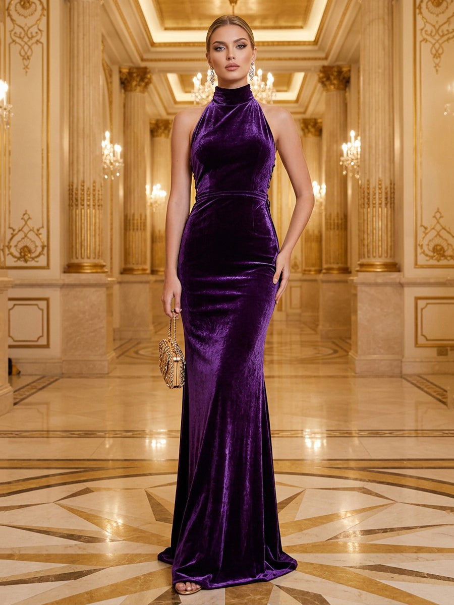 Velvet Mermaid High Neck Floor Length Formal Dresses Sleeveless Fitted Waist Evening Dresses