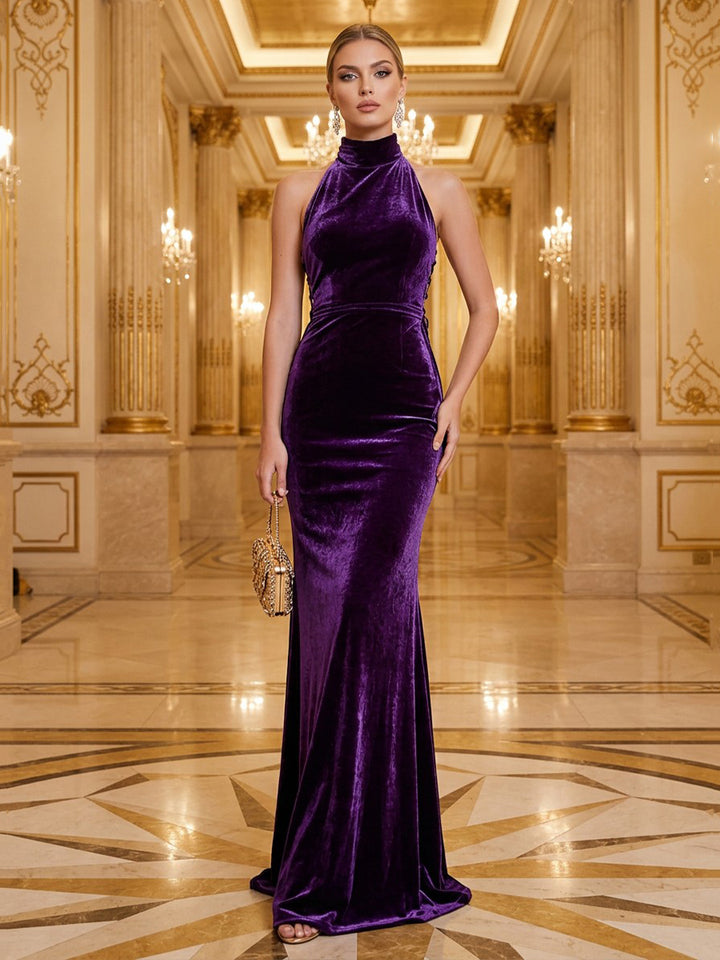 Velvet Mermaid High Neck Floor Length Formal Dresses Sleeveless Fitted Waist Evening Dresses