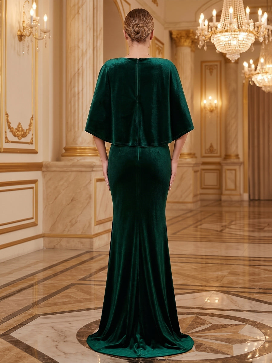 Velvet Mermaid V Neck Floor Length Formal Dresses Half Sleeves Fitted Waist Evening Dresses with Cape