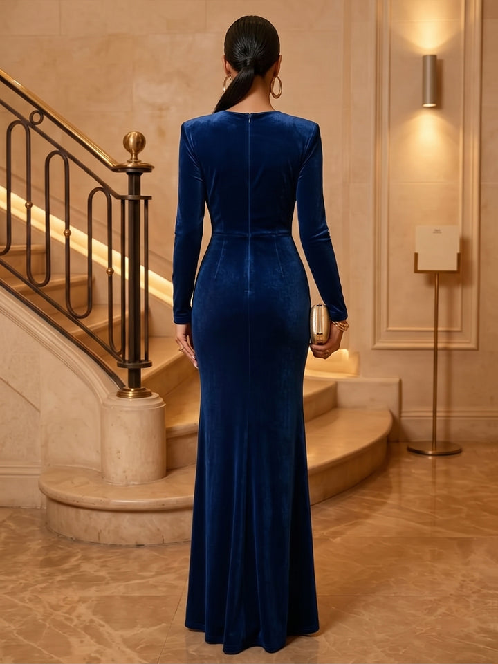 Velvet Mermaid Round Neck Floor Length Formal Dresses Long Sleeves Illusion Neck Evening Dresses