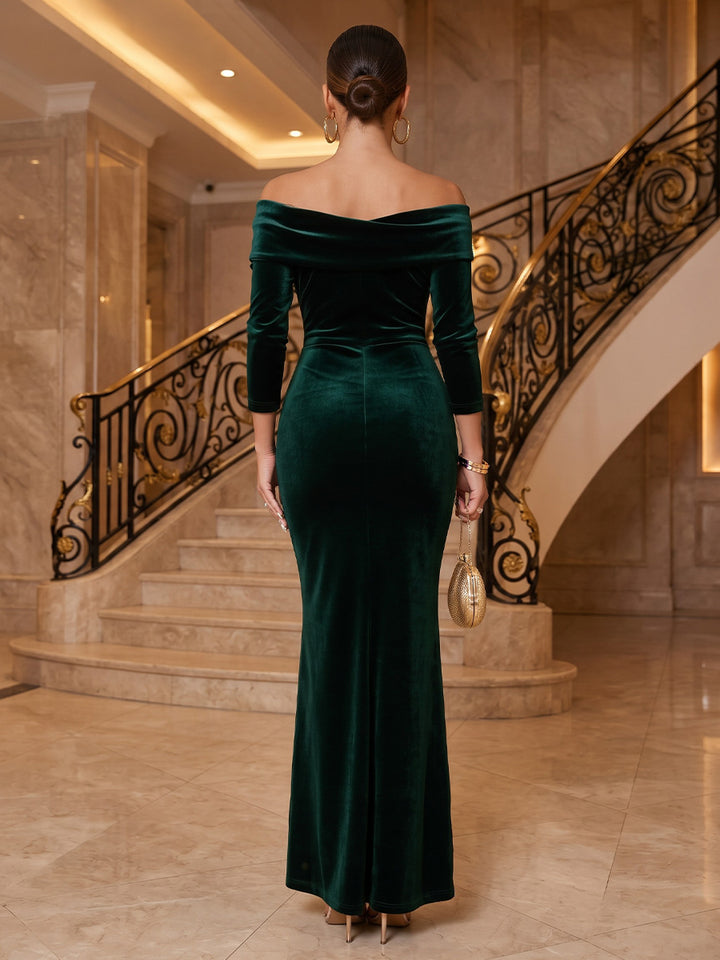 Velvet Sheath Off the Shoulder Floor Length Formal Dresses Long Sleeves Ruched Evening Dresses with Slit