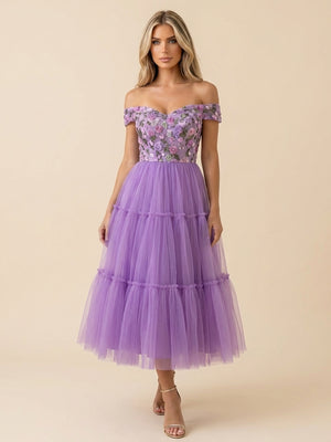 Tulle A Line Off the Shoulder Tea Length Cocktail Dresses