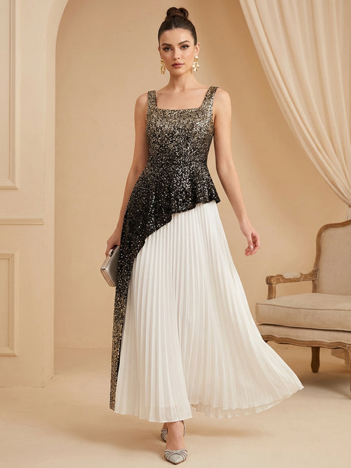 Sequin A Line Square Neck Floor Length Cocktail Dresses
