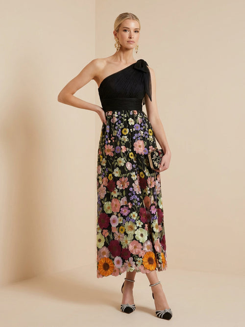 Embroidered A Line One Shoulder Tea Length Cocktail Dresses