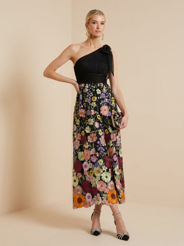 Embroidered A Line One Shoulder Tea Length Cocktail Dresses