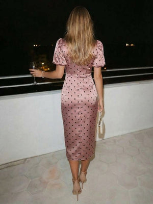 Satin Scoop Neck Puff Sleeves Mermaid Cocktail Dresses with Polka dots