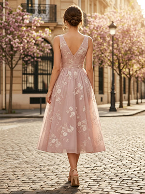 Tulle A Line V Neck Bow Cocktail Dresses