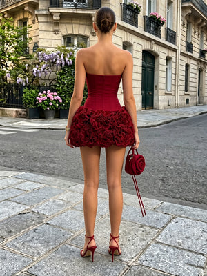 Stretch Mesh A Line Strapless Ruffles 3D Flowers Cocktail Dresses