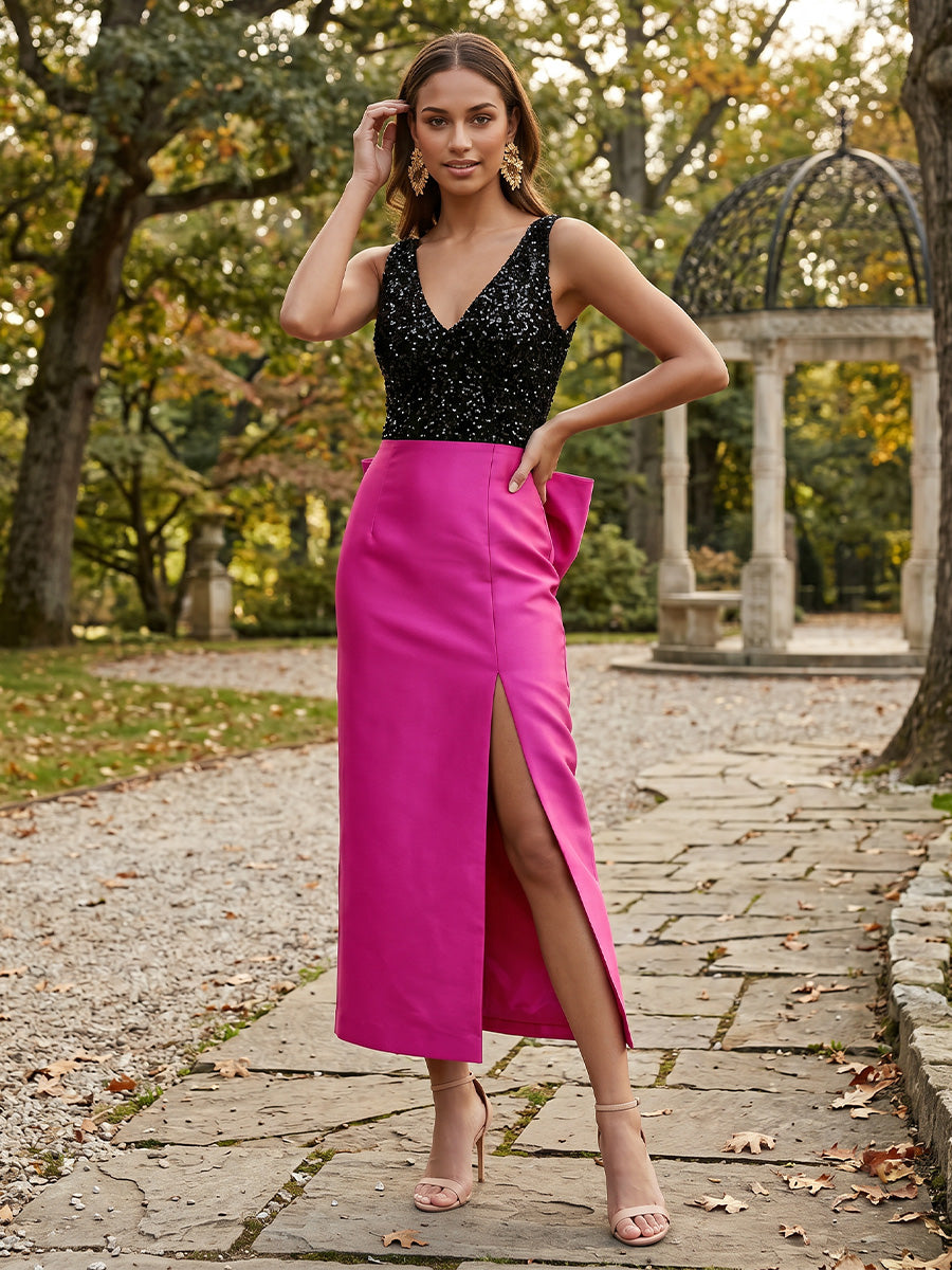 Satin Mermaid V Neck Slit Corset Cocktail Dresses