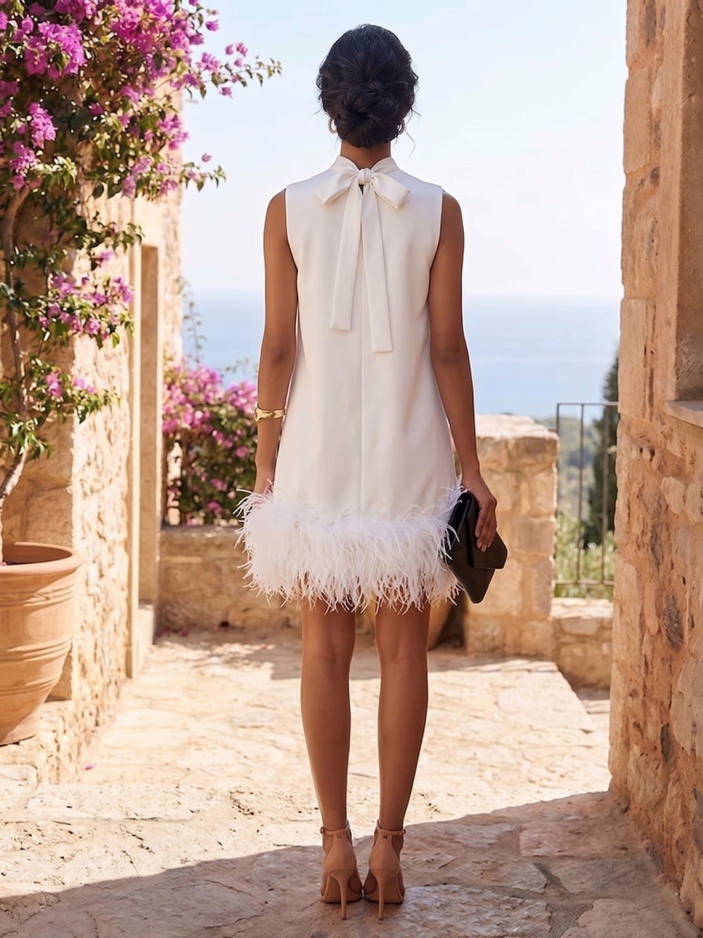 Satin A Line Crew Neck Bow Cocktail Dresses with Feather