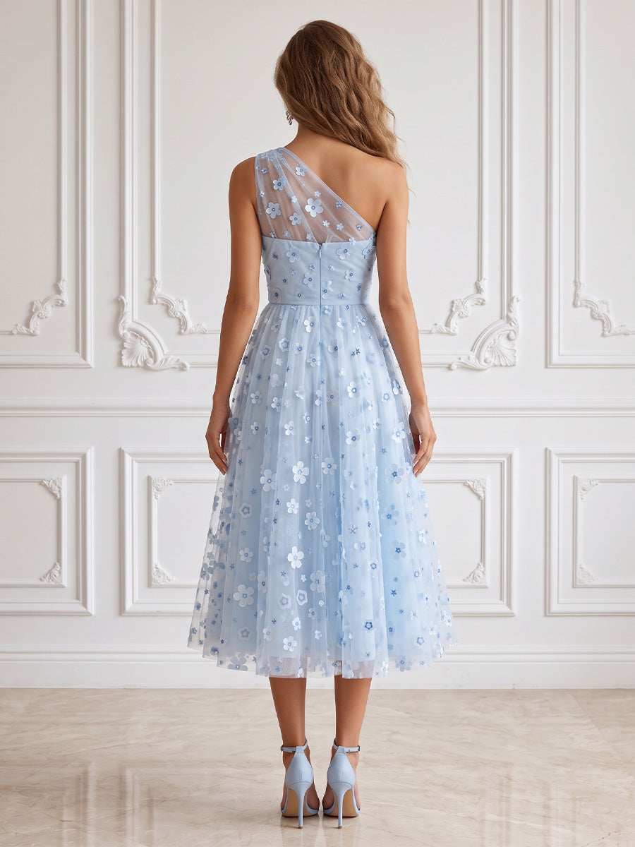 Tulle A Line One Shoulder Floral Appliques Cocktail Dresses
