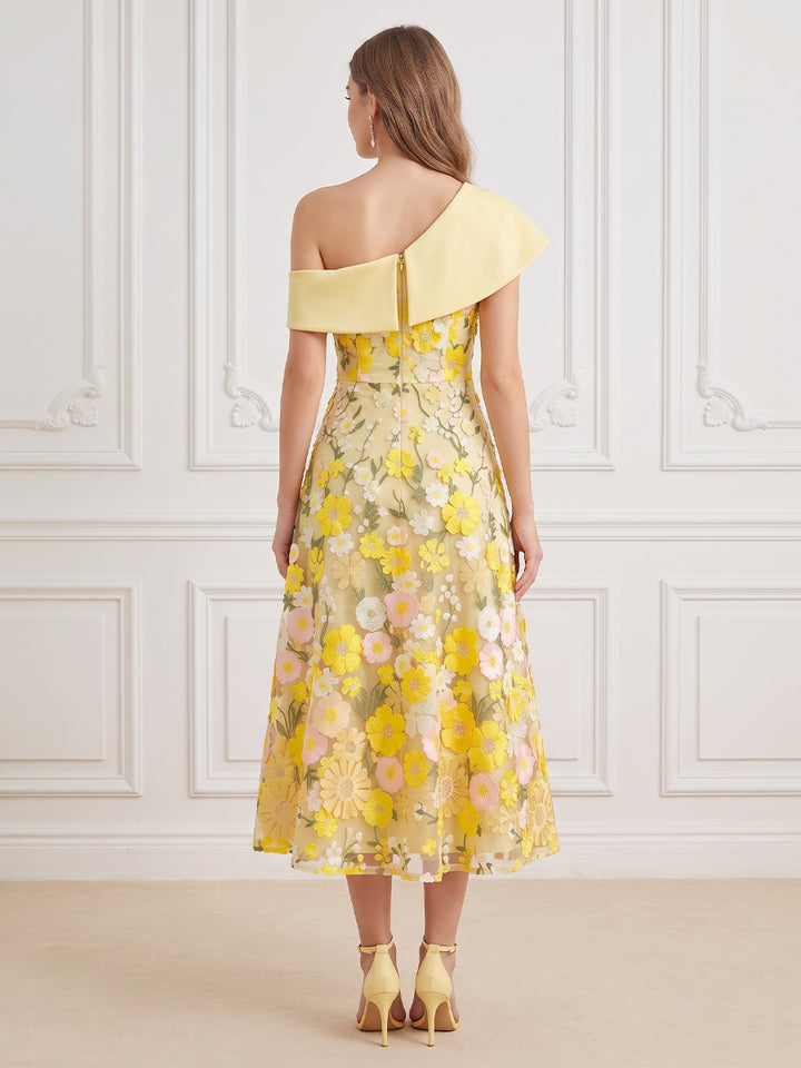 Tulle A Line One Shoulder Floral Embroidery Cocktail Dresses