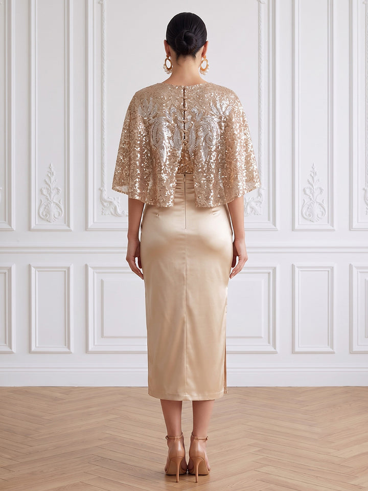 Sequin Sheath Jewel Neck Tea Length Ruffles Sleeves with Cape Cocktail Dresses