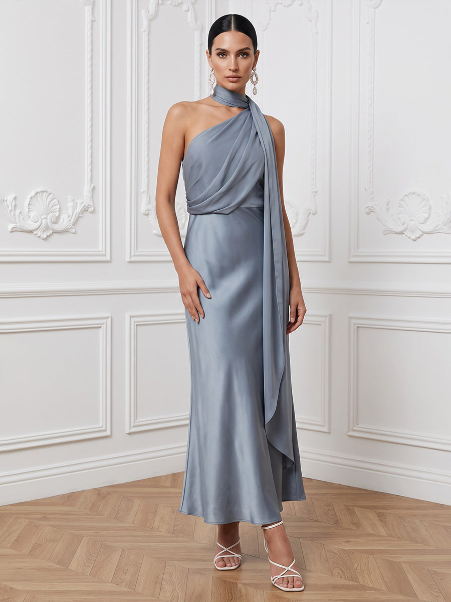 Satin Sheath One Shoulder Ankle Length Ruched Cocktail Dresses