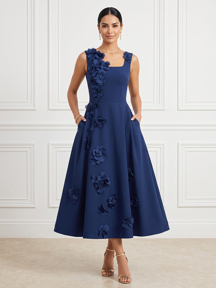 Satin A Line Square Neck Tea Length Fitted Waist Cocktail Dresses